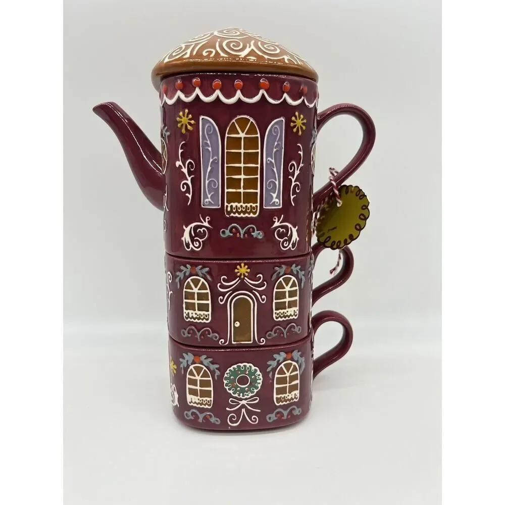 Anthropologie Ginger Ceramic Stoneware Teapot , Creamer and Sugar Bowl Set